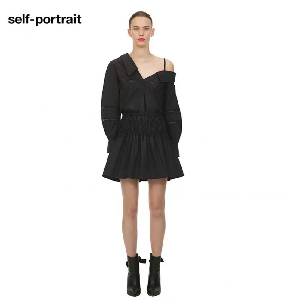 SELF-PORTRAIT One-Shoulder Poplin Shirt Dress